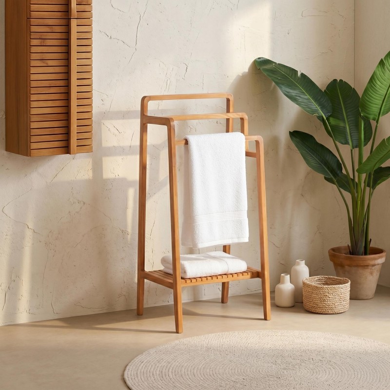 Porte serviettes de salle de bain en bois massif de teck - Devika