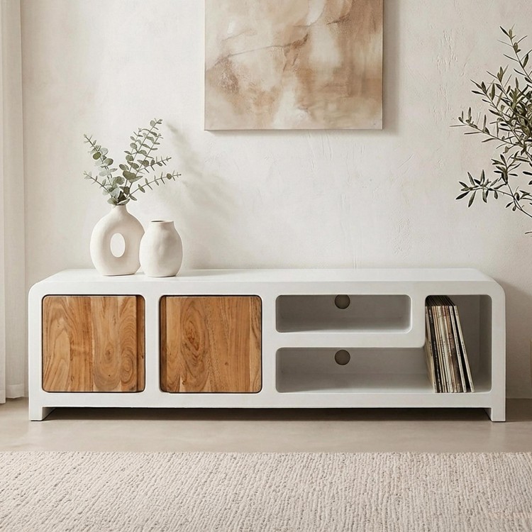 Meuble TV effet béton et bois massif d'acacia 180 cm - Mineralis