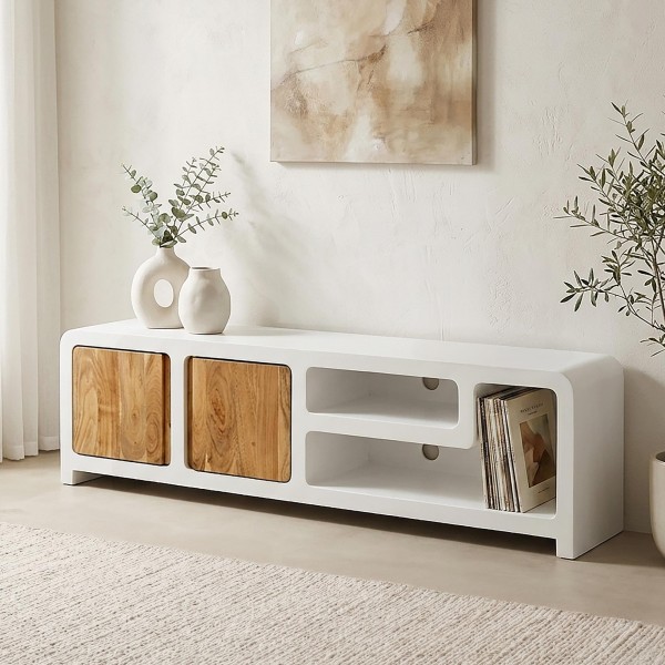 Meuble TV effet béton et bois massif d'acacia 180 cm - Mineralis