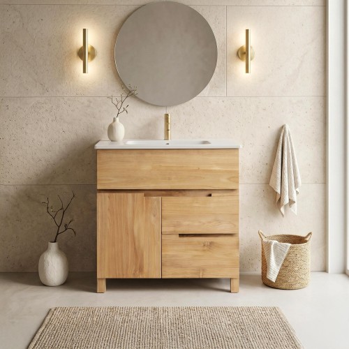 Meuble de salle de bain en bois massif de teck 80 cm, finition mat - Olwen