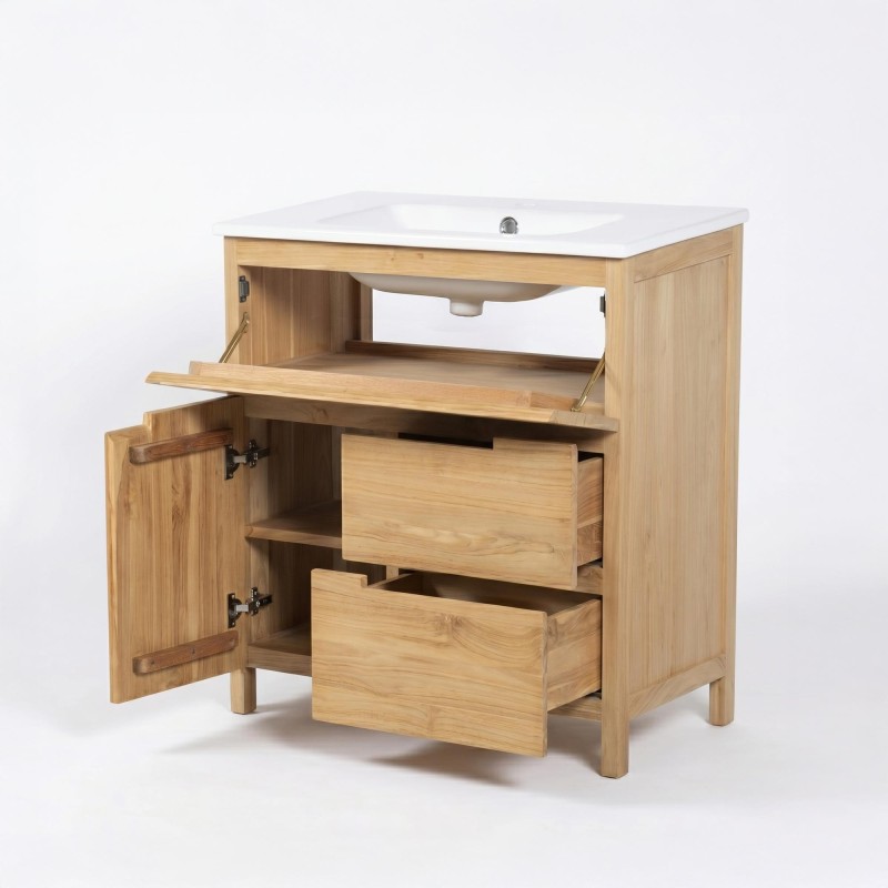 Meuble de salle de bain en bois massif de teck 80 cm, finition mat - Olwen