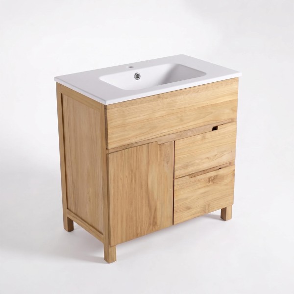 Meuble de salle de bain en bois massif de teck 80 cm, finition mat - Olwen