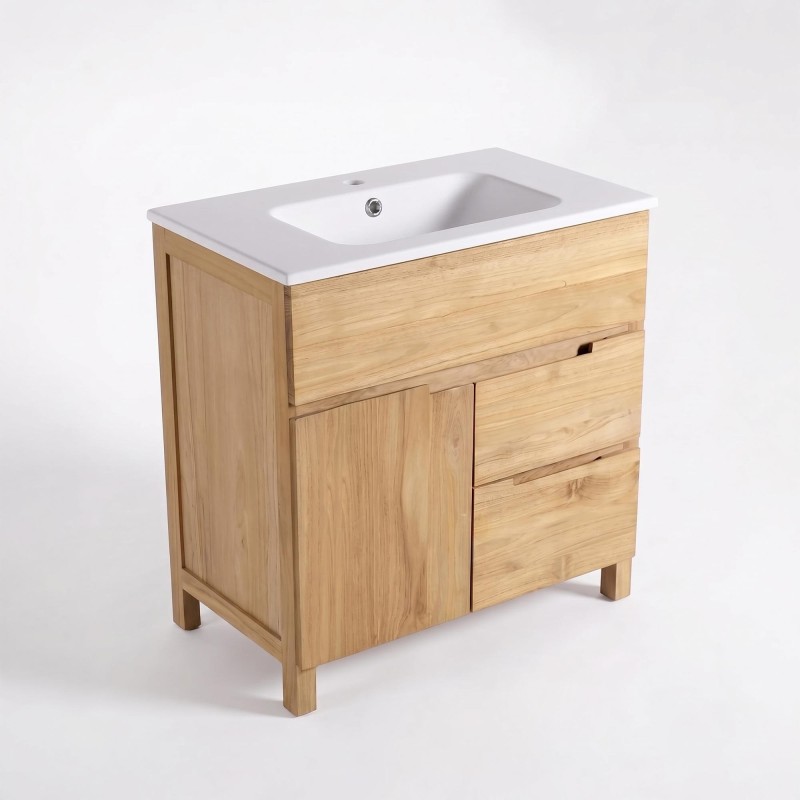 Meuble de salle de bain en bois massif de teck 80 cm, finition mat - Olwen