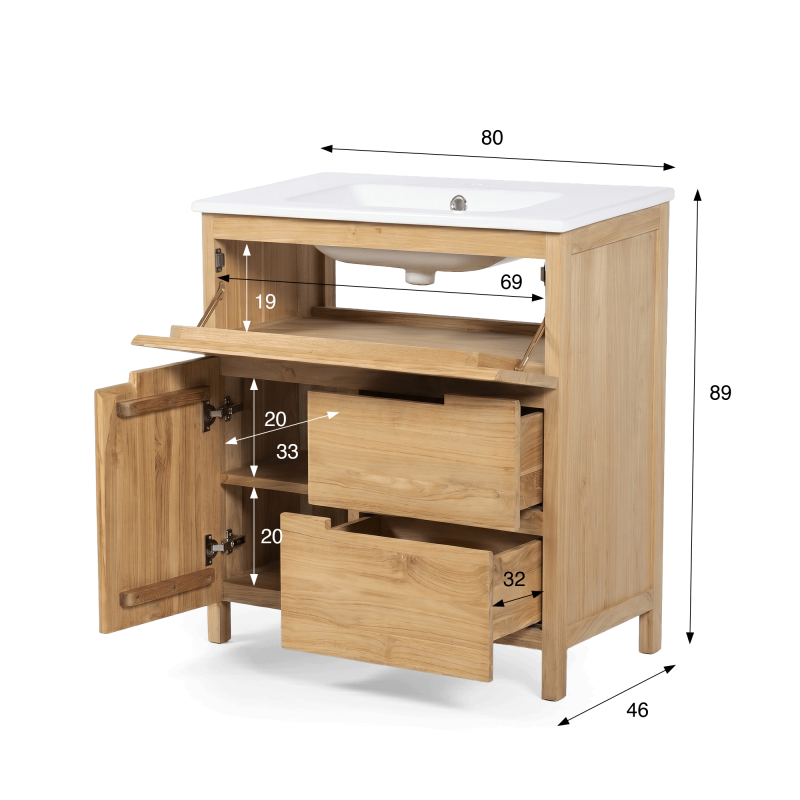Meuble de salle de bain en bois massif de teck 80 cm, finition mat - Olwen