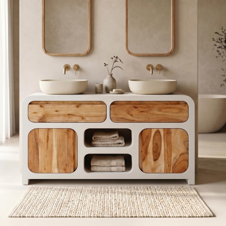 Meuble sous vasque effet béton et bois massif d'acacia 140 cm - Mineralis