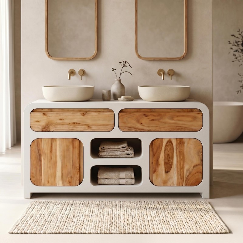 Meuble sous vasque effet béton et bois massif d'acacia 140 cm - Mineralis