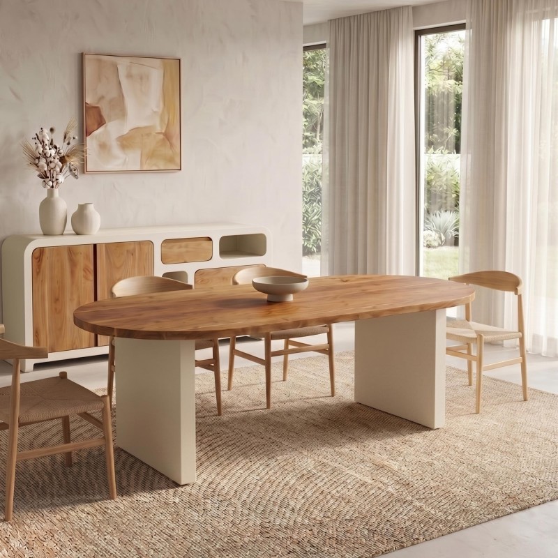 Table à manger en bois massif d'acacia et pieds effet béton - Mineralis