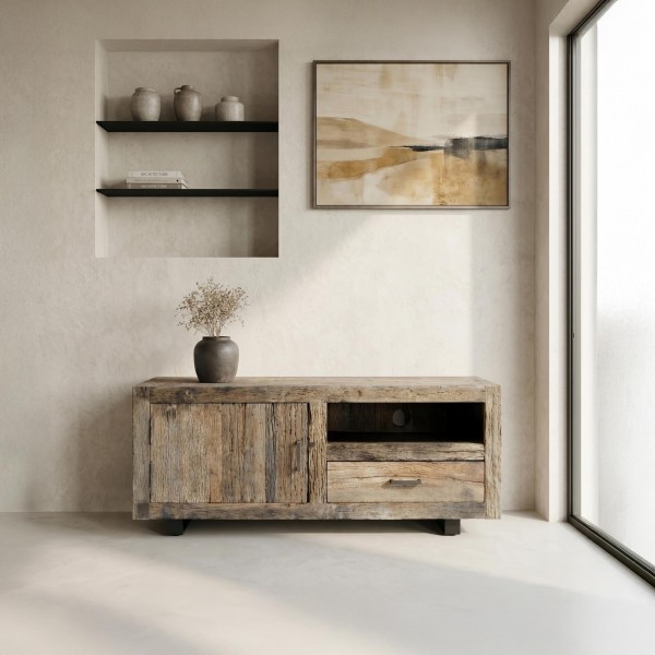 Meuble TV en bois foncé brut et ancien 110 cm - Antique