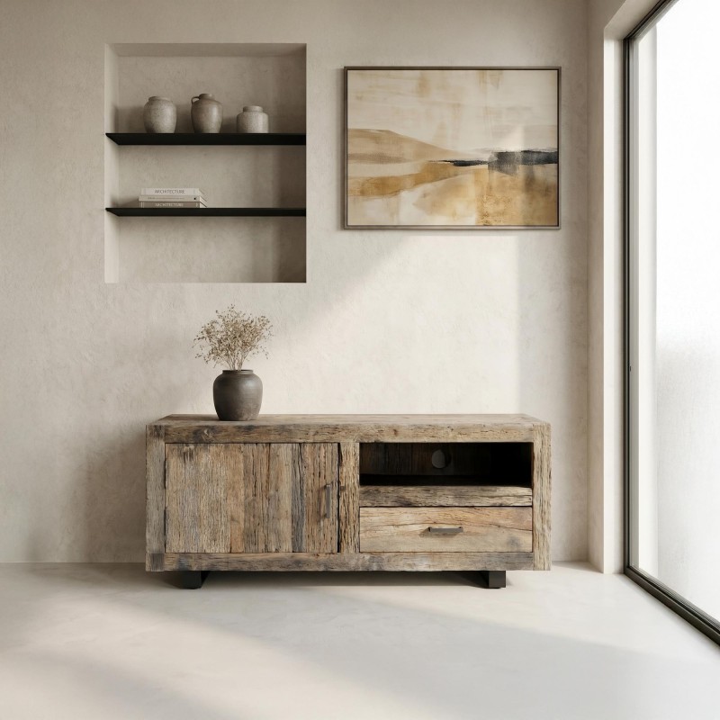 Meuble TV en bois foncé brut et ancien 110 cm - Antique