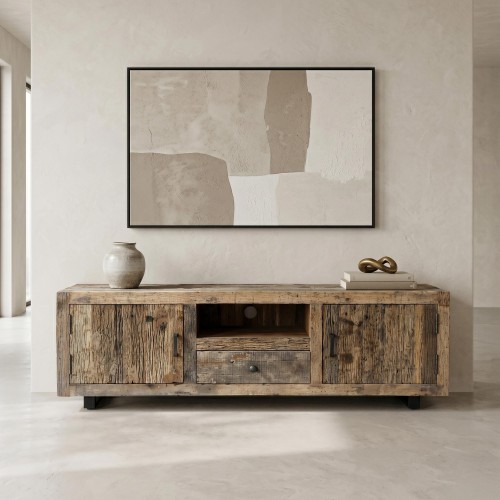Meuble TV en bois foncé brut et ancien 160 cm - Antique