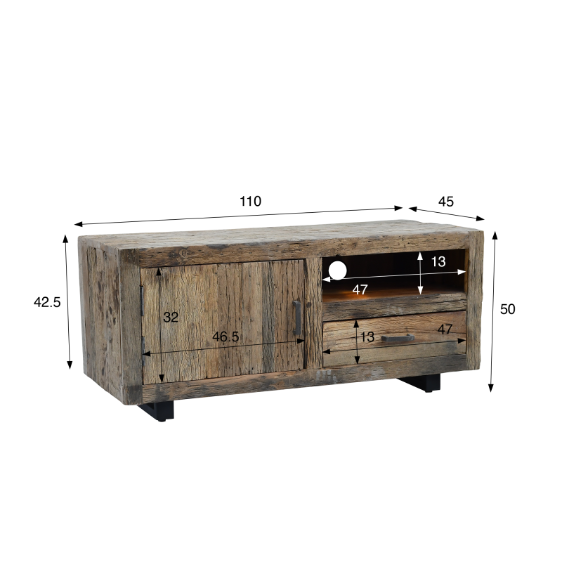 Meuble TV en bois foncé brut et ancien 110 cm - Antique