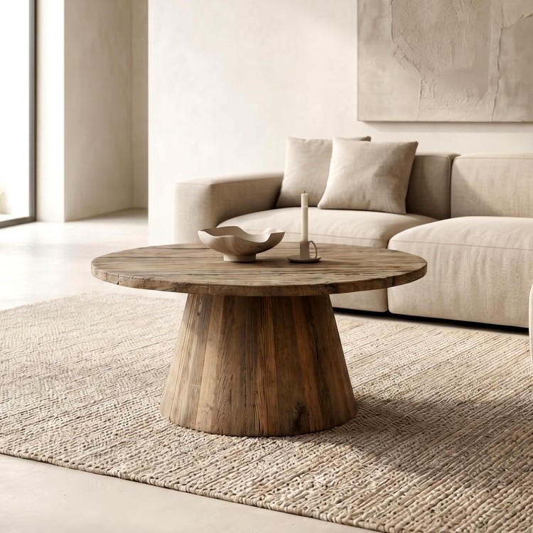 Table basse ronde en bois massif brut et ancien - Rustique