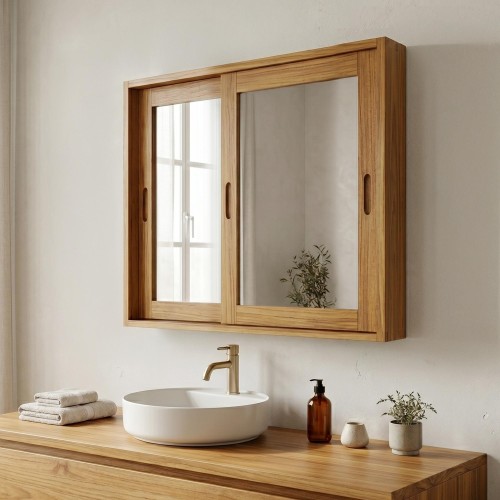 Armoire salle de bain 80cm teck massif portes coulissantes avec miroir