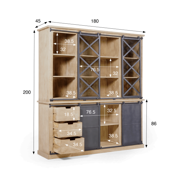 Vaisselier en bois massif de style industriel 180 cm - Detroit