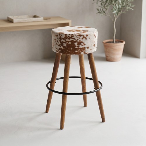 Tabouret de bar en bois et assise en peau de vache naturelle - Ranch