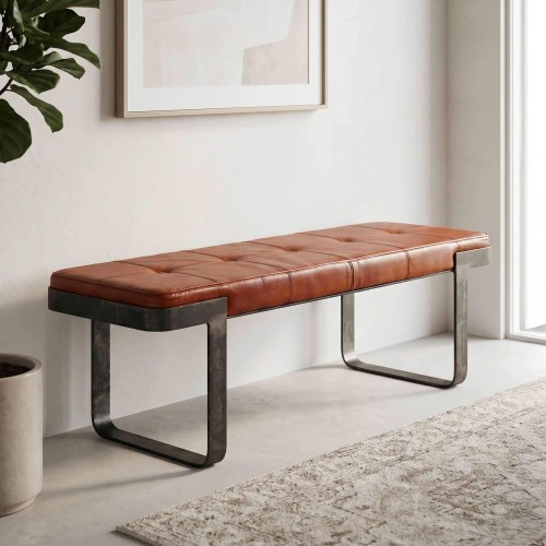 Banc industriel en cuir marron et métal