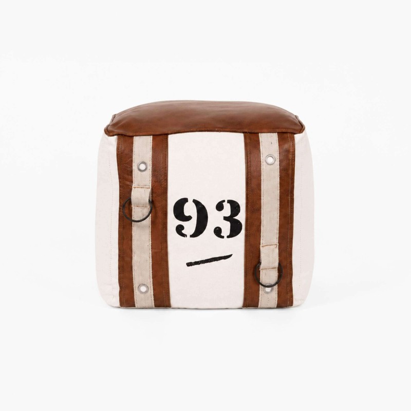 Pouf en cuir et tissu de style vintage "93"