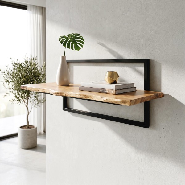 Etagère murale 90 cm avec plateau en bois massif à bord naturel