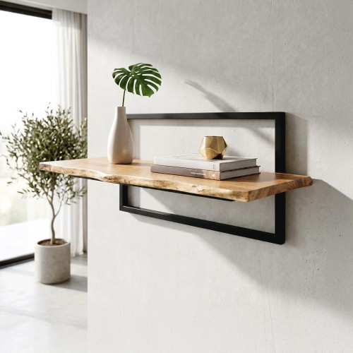 Etagère murale 90 cm avec plateau en bois massif à bord naturel