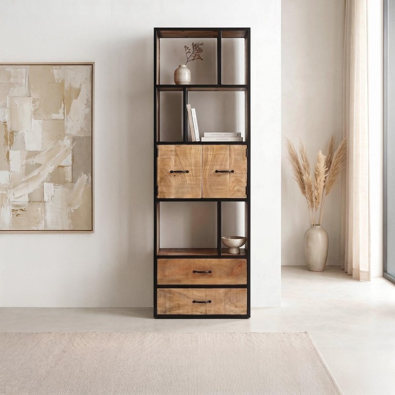 Bibliothèque étagère industrielle bois massif 60 cm x 185 cm - Walter