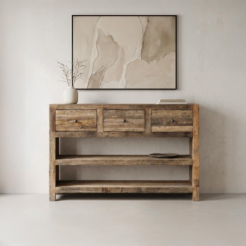 Console 3 tiroirs en bois foncé brut et ancien - Antique