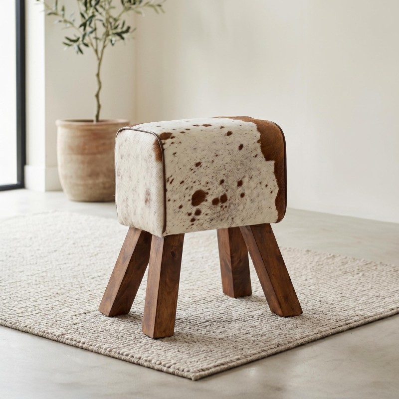 Petit banc cheval d'arçon en peau de vache - Ranch