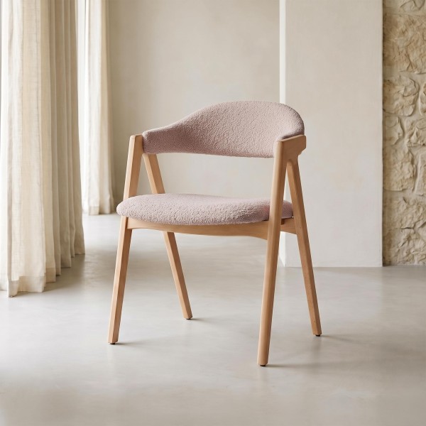 Chaise en bois naturel et tissu bouclette beige - Lykke