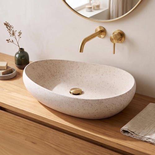 Vasque de salle de bain ovale en terrazzo blanc 60 x 40 cm - Aroha