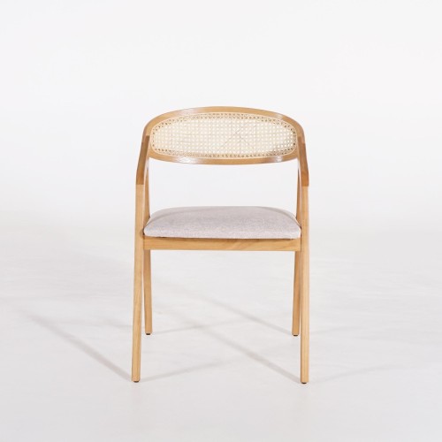 Chaise de salle à manger avec dossier en cannage et tissu beige - Seren