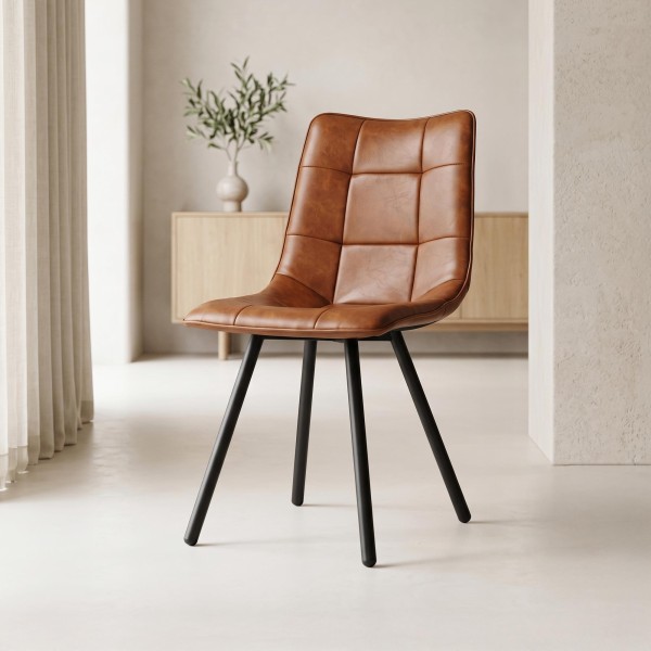 Chaise de salle à manger en cuir marron et pieds en métal noir - Velvia