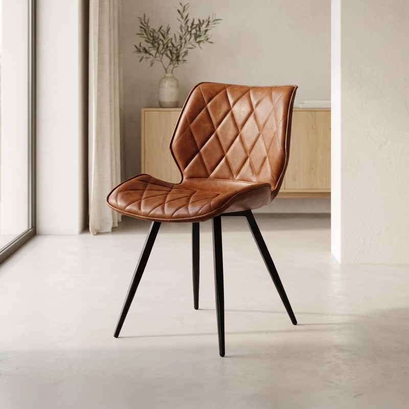Chaise de salle à manger en cuir marron et pieds en métal noir - Luna