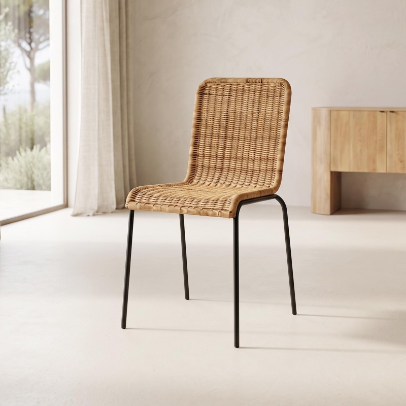 Chaise en rotin naturel et pieds en metal noir - Ananda