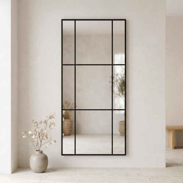 Grand miroir mural industriel style verrière avec cadre en métal noir 80 x 180 cm