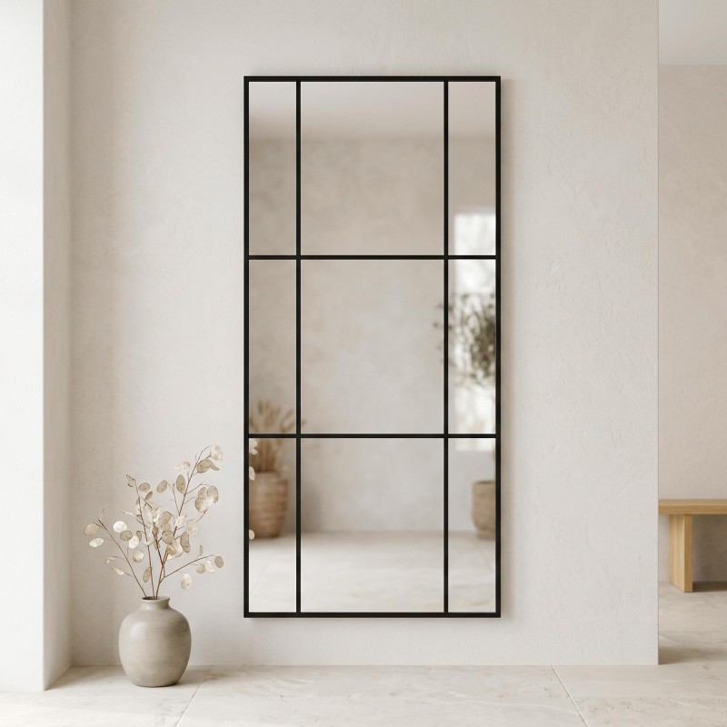Grand miroir mural industriel style verrière avec cadre en métal noir 80 x 180 cm