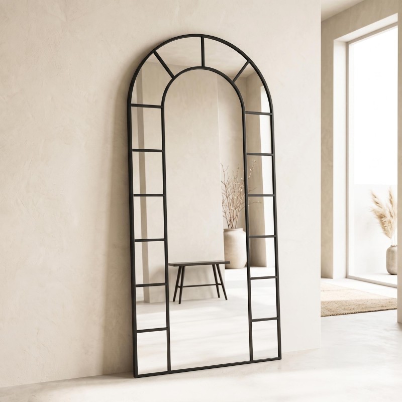 Miroir mural en arche style verrière avec cadre en métal noir 80 x 180 cm