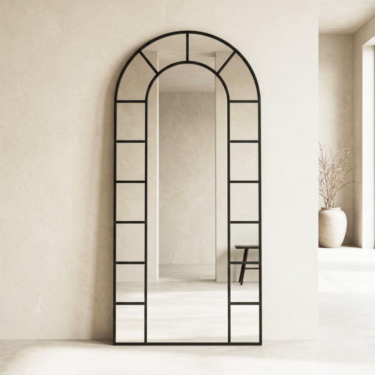 Miroir mural en arche style verrière avec cadre en métal noir 80 x 180 cm