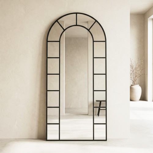 Miroir mural en arche style verrière avec cadre en métal noir 80 x 180 cm