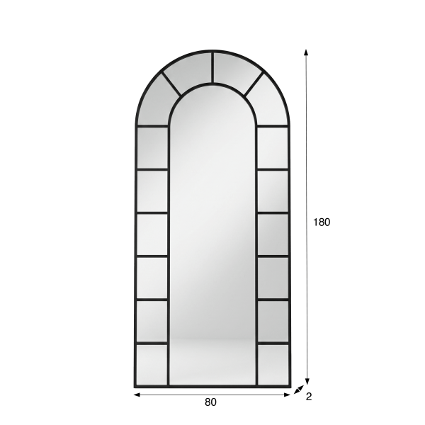 Miroir mural en arche style verrière avec cadre en métal noir 80 x 180 cm