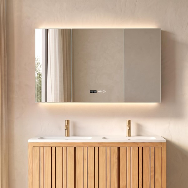 Armoire murale de salle de bain avec miroir triptyque et éclairage LED 120 x 75 cm