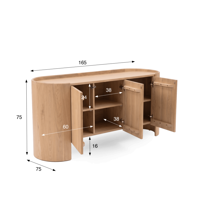 Bahut en bois chêne massif 3 portes 165 cm - Lago