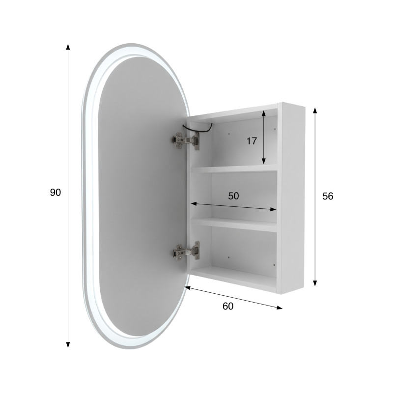 Armoire murale de salle de bain avec miroir ovale et éclairage LED 50 x 90 cm