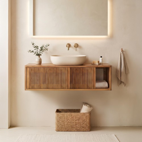 Meuble de salle de bain suspendu en bois massif de teck 100 cm - Rhea