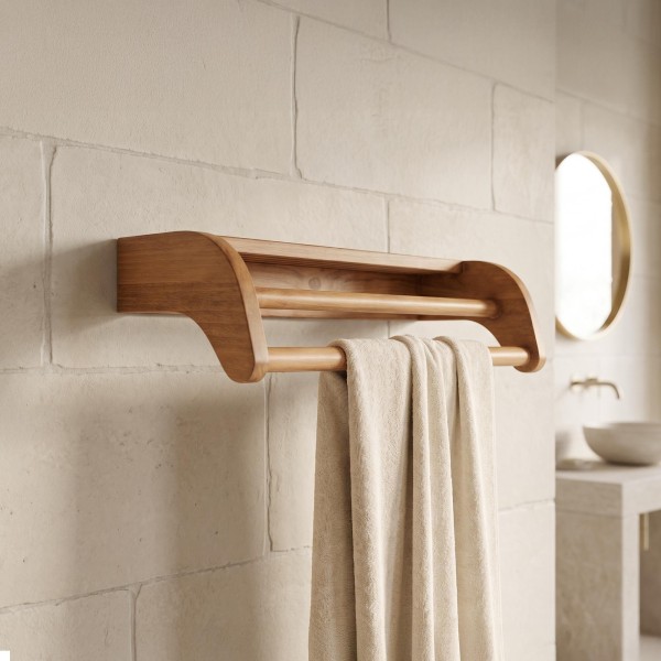Porte serviette de salle de bain mural en bois massif de teck - Anika