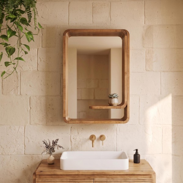 Miroir mural de salle de bain en bois de teck avec tablette - Anika