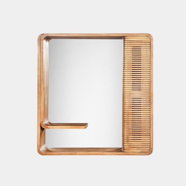 Miroir mural de salle de bain en bois de teck avec rangement - Anika
