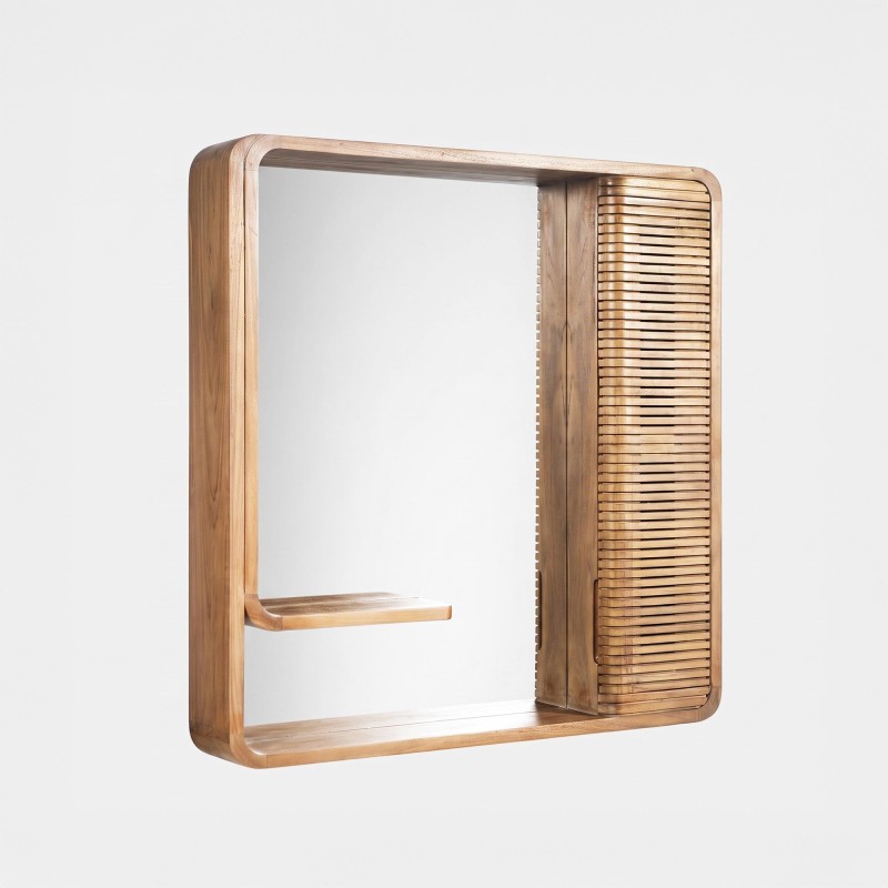 Miroir mural de salle de bain en bois de teck avec rangement - Anika