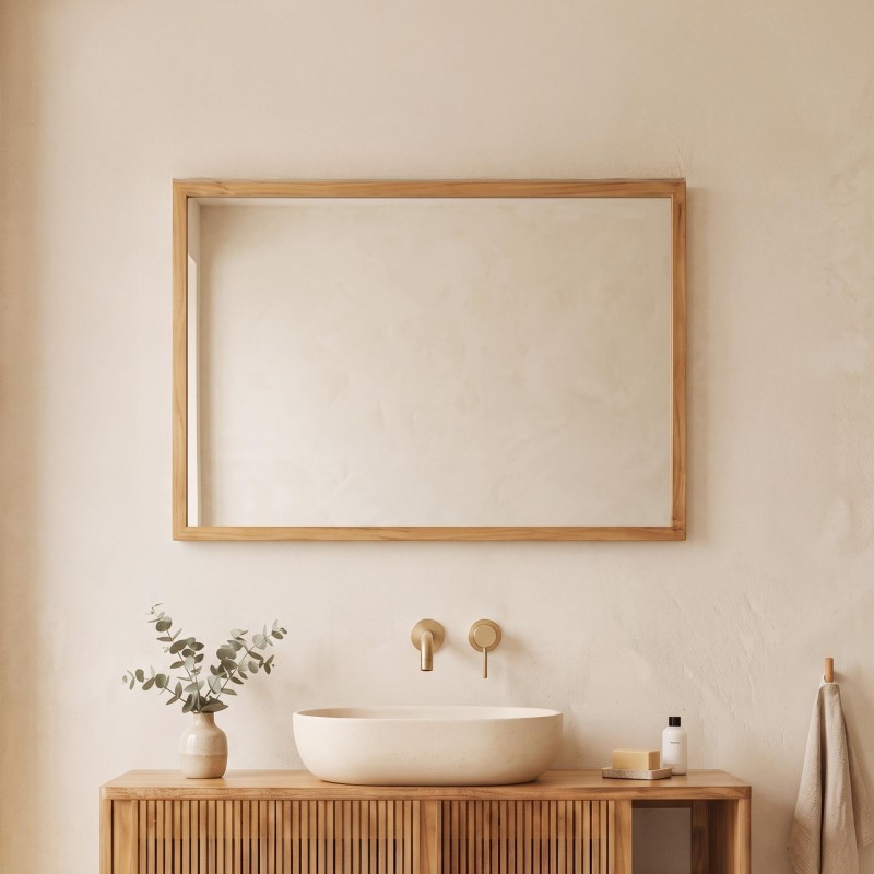 Grand miroir mural de salle de bain en bois massif de teck - Rhea
