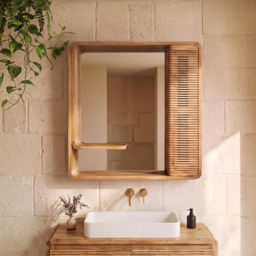 Miroir mural de salle de bain en bois de teck avec rangement - Anika