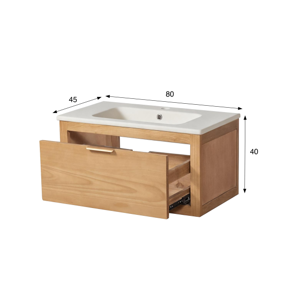 Meuble de salle de bain simple vasque en bois massif naturel - Sylva