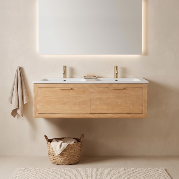 Meuble de salle de bain double vasque en bois massif naturel - Sylva